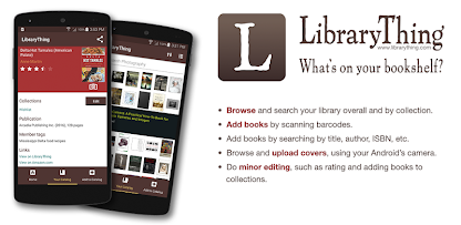Library Thing app images on phone and a description of what library thing offers.