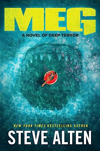 meg-book-cover-steve-alten-woman-on-tube-about-to-be-eaten-by-giant-shark