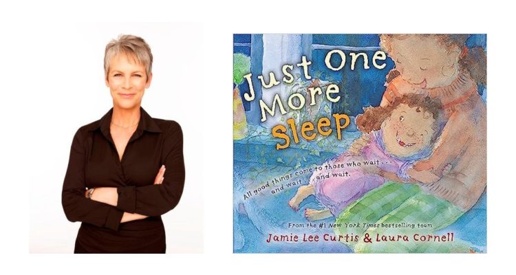 jamie-lee-curtis-in-black-outfit-next-to-her-book-cover-of-just-one-more-sleep