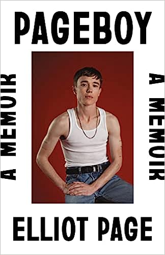 Pageboy book cover with white border and black text featuring a young man in white tank top who is seated with his hands on his right leg