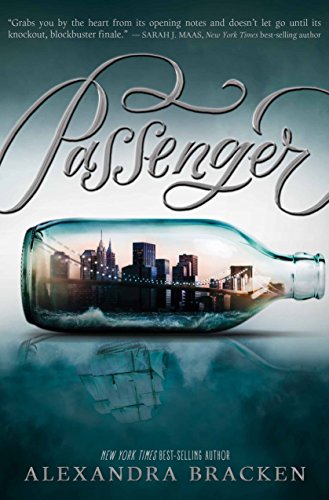 passenger book cover cursive title font over glass bottle with city skyline inside