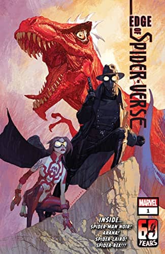 A Spider-Woman in pink and white and Spider-Man Noir standing on a cliff. Spider-Rex is roaring behind them in red and blue