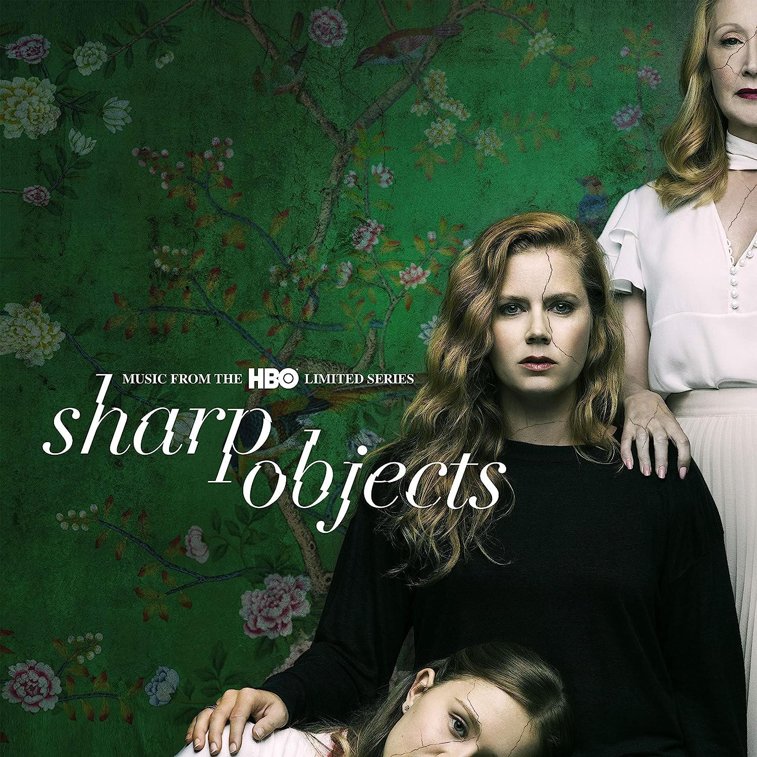 Sharp Objects soundtrack album cover, three female characters, sitting, standing, and laying, respectively, with a green floral wall paper background.