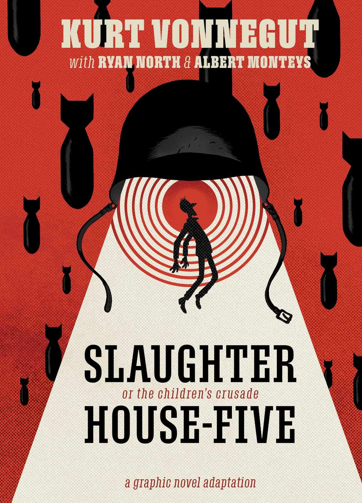 Slaughterhouse-5 by Kurt Vonnegut book cover, shows bombs being dropped from a red sky, while a man is being dropped from a war helmet like spotlight.