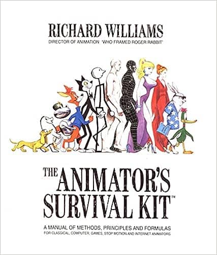 A line of characters walking to the right and they create an arch due to their different heights. The title is on the bottom of the cover and its called the animators survival kit