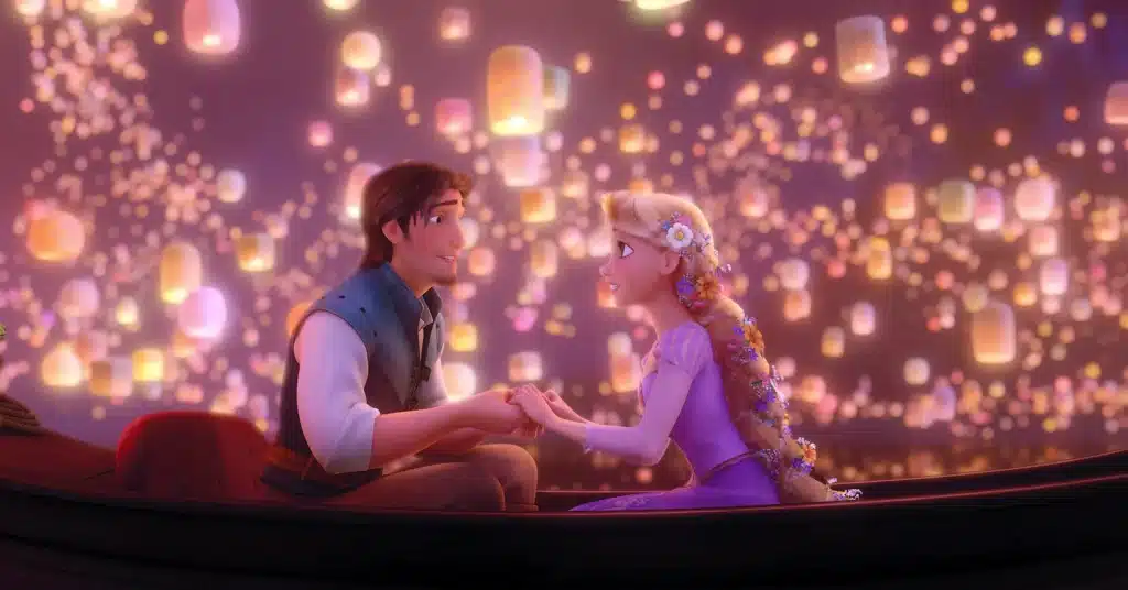 rapunzel-and-flynn-rider-in-a-canoe-under-the-floating-lanterns-during-"at-last-i-see-the-light"-musical-number