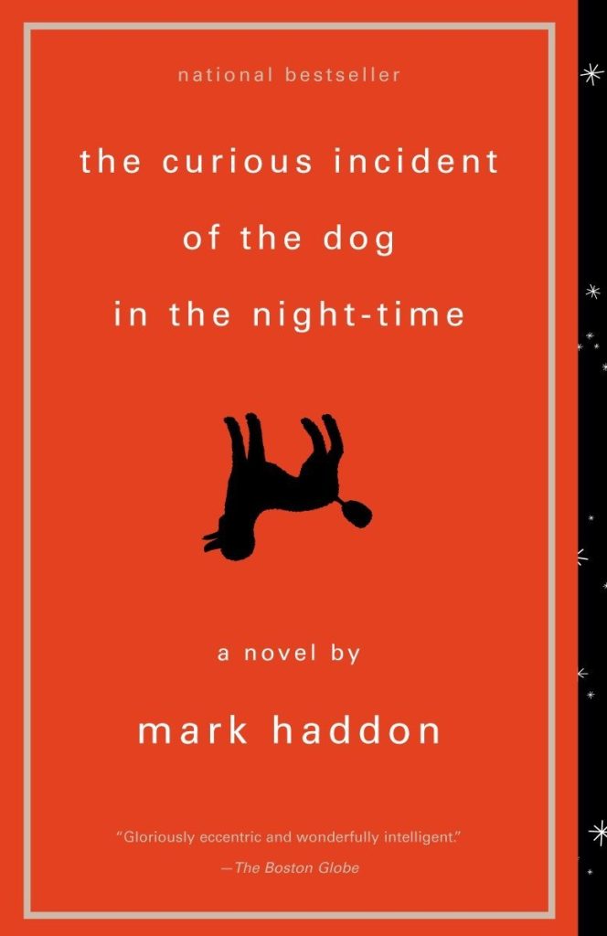 the Curious Incident of the Dog in the NIghttime Book Cover featuring read background and upside down silhouette of a poodle.