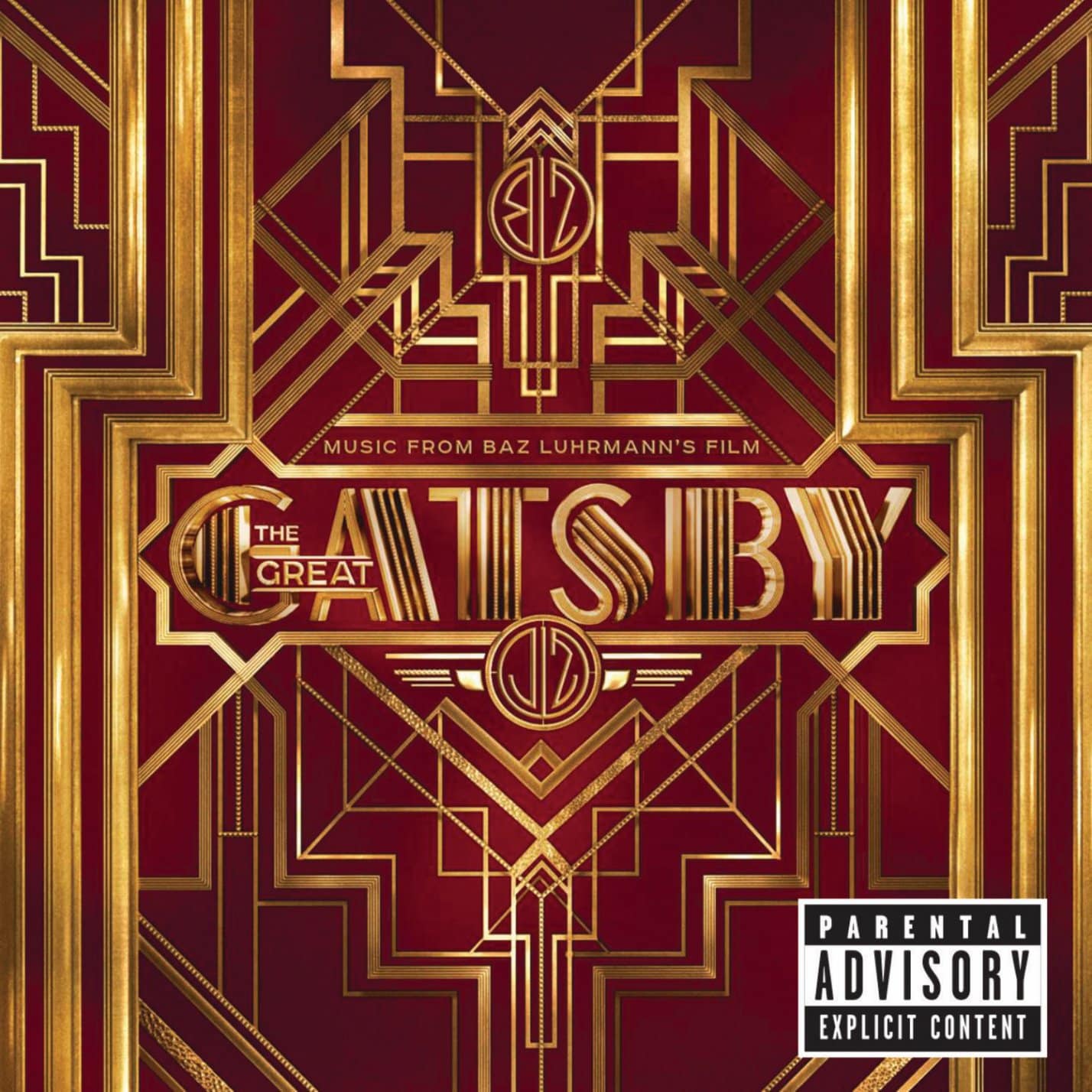 Soundtrack album cover for The Great Gatsby in crimson and gold intricate geometric designs.