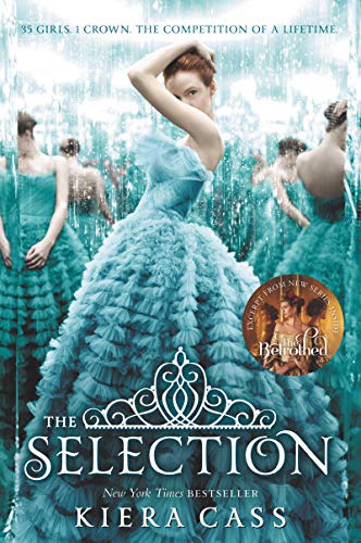 the selection book cover multiple girls in teal dresses front girl with arm up covering her face