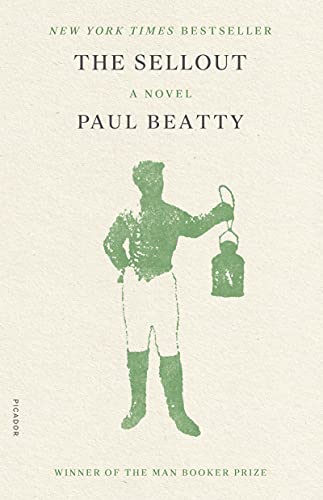 The Sellout by Paul Beatty book cover with a green man holding a lantern on a cream background.