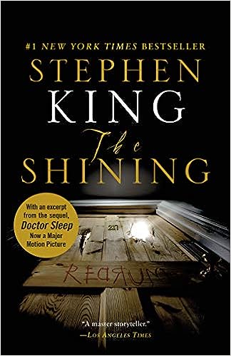 the shining stephen king book cover looking up from floor at scratched beaten wooden door with red letters painted on