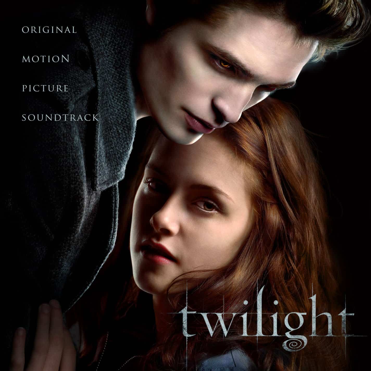 Twilight soundtrack album cover, Edward and Bella embracing on a black background.