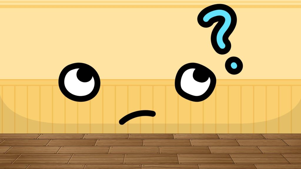 a yellow wall with a confused and wondering face on it. it is looking at a blue question mark