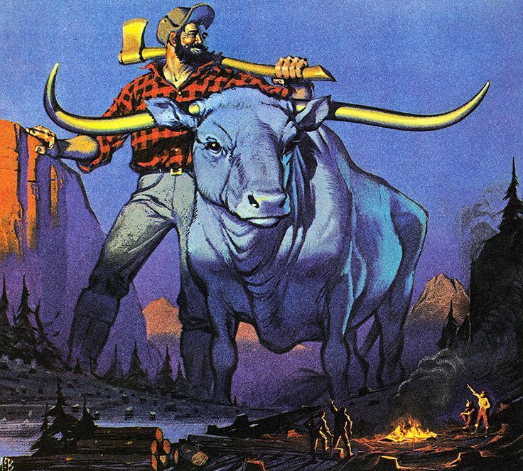 Depiction of Paul Bunyan, a giant, plaid wearing lumberjack, and his giant blue ox, Babe. Paul is carrying a large axe and is the size of a mountain.