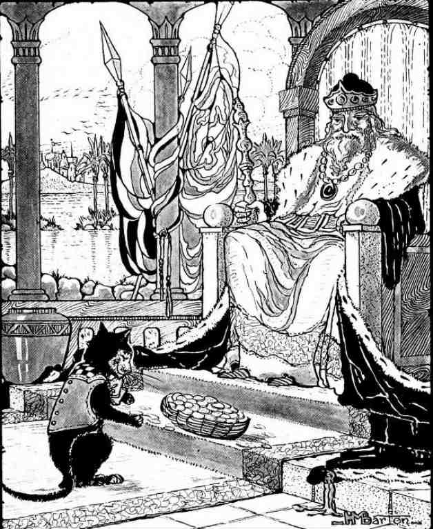 A depiction of a cat in a vest presenting a basket of gold to a king on a throne.
