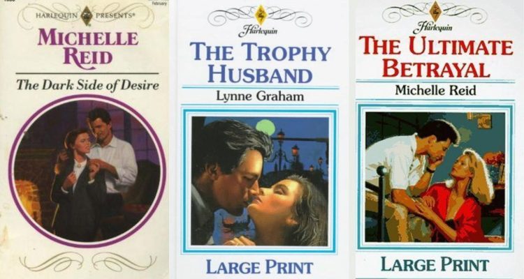 From left to right- the dark side of desire by michelle reid book cover the trophy husband by lynne graham book cover the ultimate betrayal by michelle reid book cover