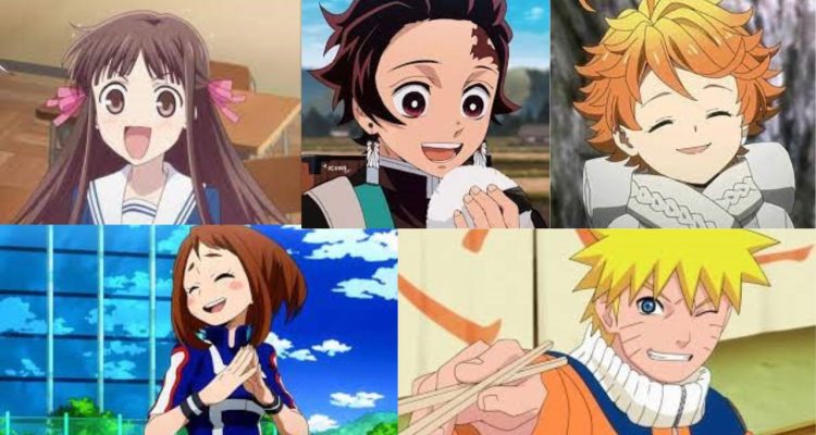 Honda Tōru from 'Fruits Basket', Kamado Tanjirō from 'Demon Slayer; Emma from 'The Promised Neverland,' Uraraka Ochako from 'My Hero Academia,' and Uzumaki Naruto from 'Naruto.'