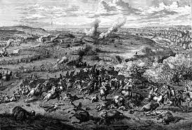 Black and white photo of the Battle of Blenheim with smoke and soldiers fighting on horseback