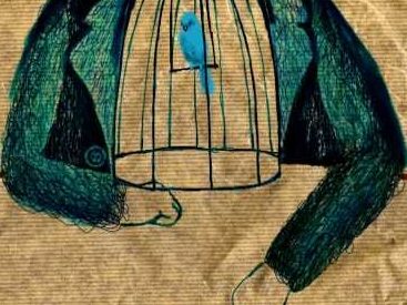Médium Illustration of a man wearing an open green shirt while showing a Cage containing a Blue Bird located in the Middle of this body 