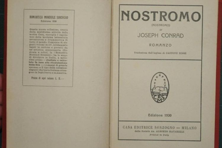 Antica Libreria First Page with the title of the story of the book Nostromo