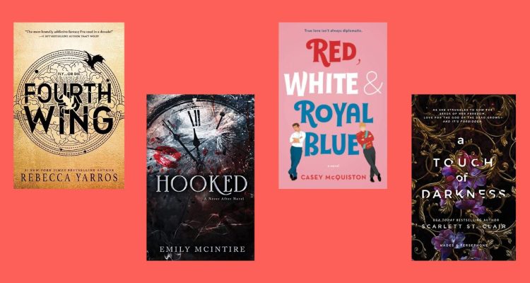 from left to right- fourth wing by rebecca yarros book cover, hooked by emily mcintire book cover, red white & royal blue by casey mcquinston, touch of darkness by scarlett st clair book cover