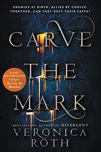 'Carve the Mark' book cover dark blue background with 3 marks with golden light spilling out