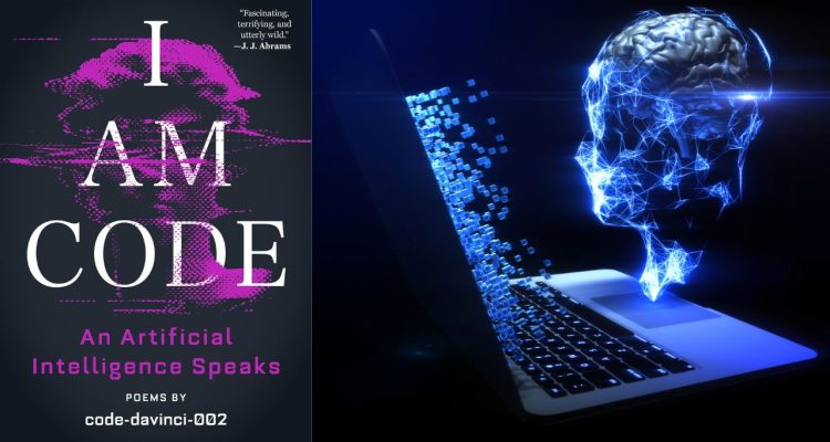 I Am Code: An Artificial Intelligence Speaks cover next to blue robot reading from computer screen with pixels flowing out