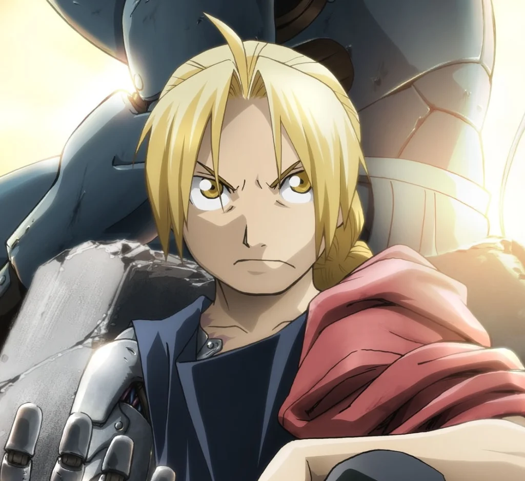 Man with golden hair and eyes looking serious with a metal arm and a metal figure behind him cover image