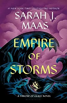 Empire of Storms book cover with large waves crashing over a tiny boat with purple clouds and a purple sky