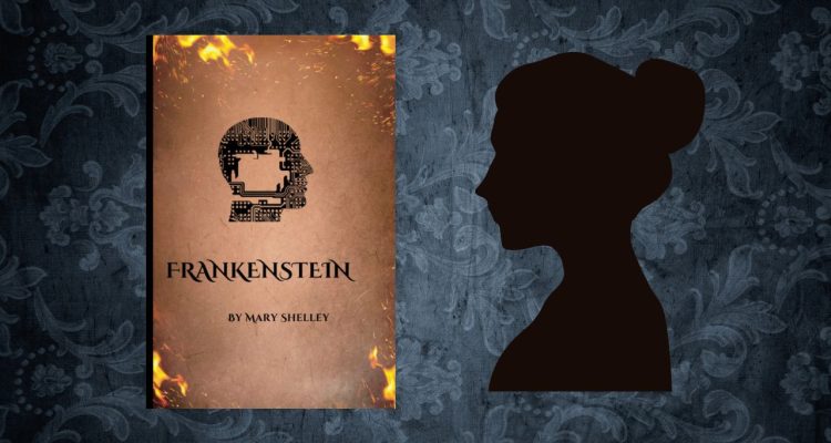 Blue Victorian wallpaper background with Frankenstein by Mary Shelley cover next to silhouette of woman