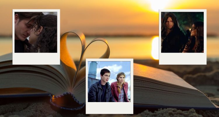 A book on the beach with a heart made out of its pages covered by pictures of Rose and Dimitri, Annabeth and Percy, and Geralt and Yennefer.