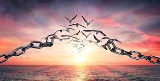 A partially broken chain that turned into birds flying into the sunset