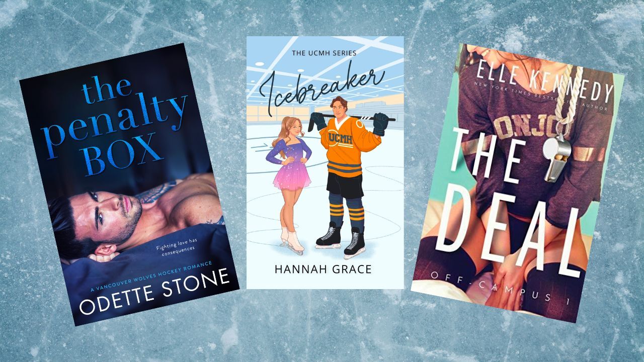 from left to right the penalty box by odette stone book cover icebreaker by hannah grace book cover the deal by elle kennedy book cover
