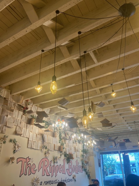 the ripped bodice book store in brooklyn, lights and books hanging from the ceilng and books open on the wall, "the ripped bodice" is written in pink on the wall 