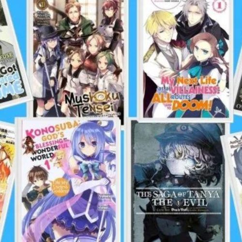 8 isekai manga covers on a blue background image