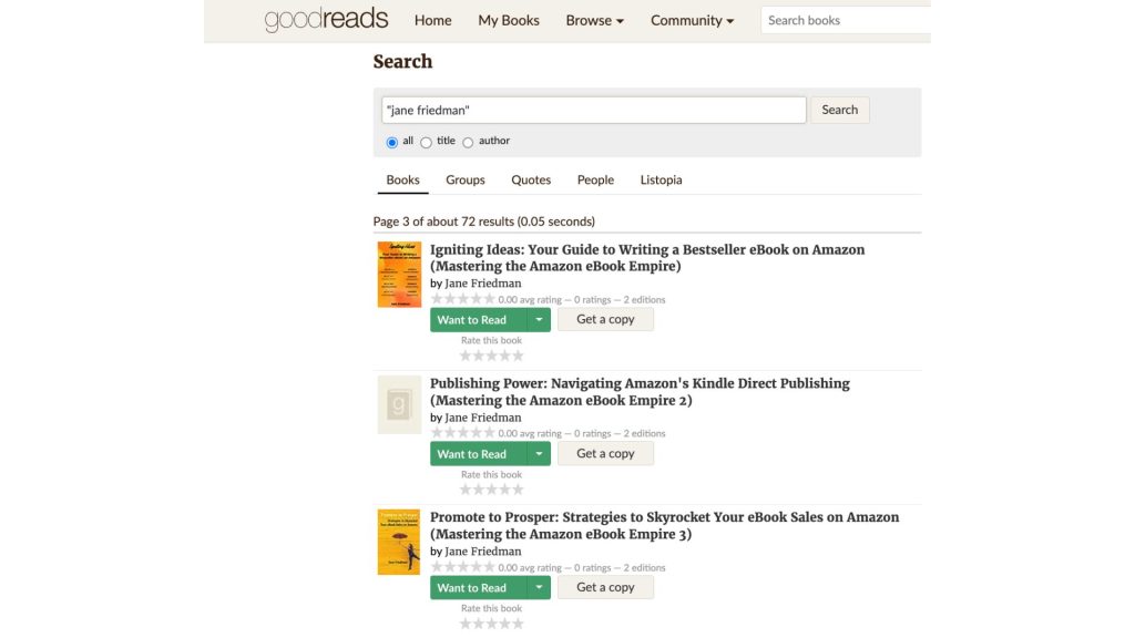Website image with 3 book fake book titles under jane freidman search bar image