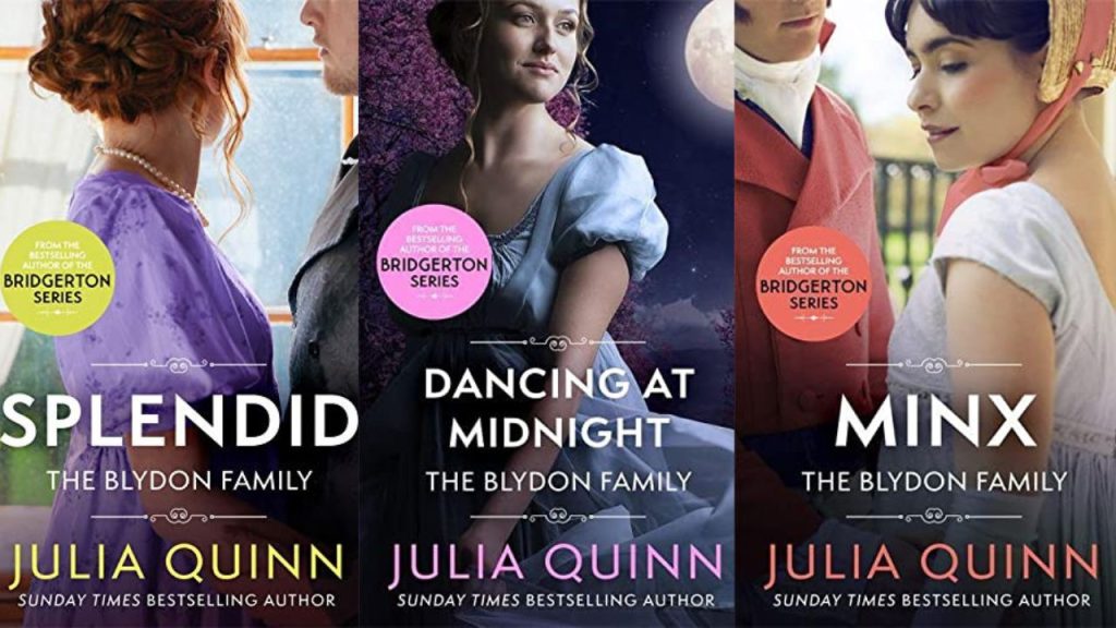 splendid, dancing at midnight, and minx by julia quinn book covers
from left to right
woman in purple dress and man in a suit looking out the window, woman in blue dress looking off in the distance outside with the moon behind her, man and woman outside, man is looking at woman, woman is looking away from man in a bonnet