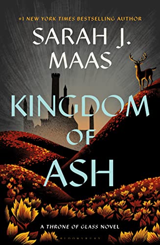 'Kingdom of Ash' book cover hills covered with flowers and a castle with the sun barely peeking out and a deer facing it
