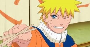 Uzumaki Naruto grinning and holding out a pair of chopsticks