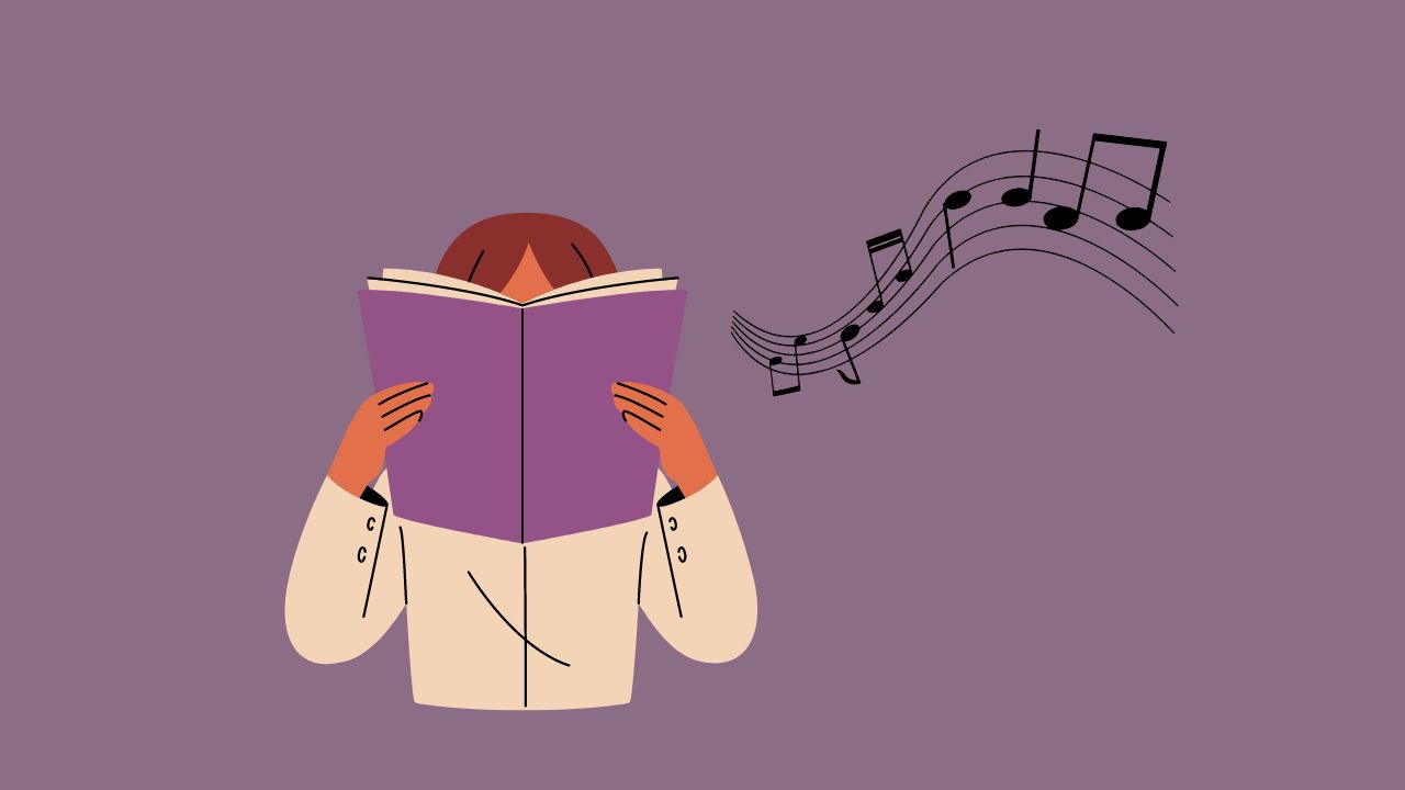 person holding a book up to their face with music notes floating near them