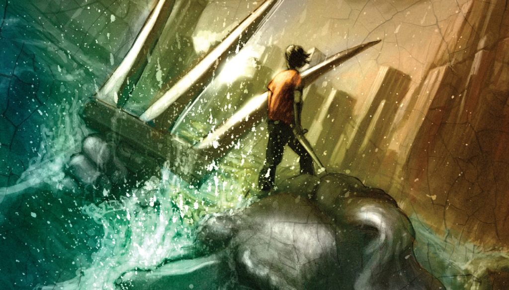 Percy Jackson and the Lightning Thief cover with Percy Jackson in the water on top of a statue of Poseidon.