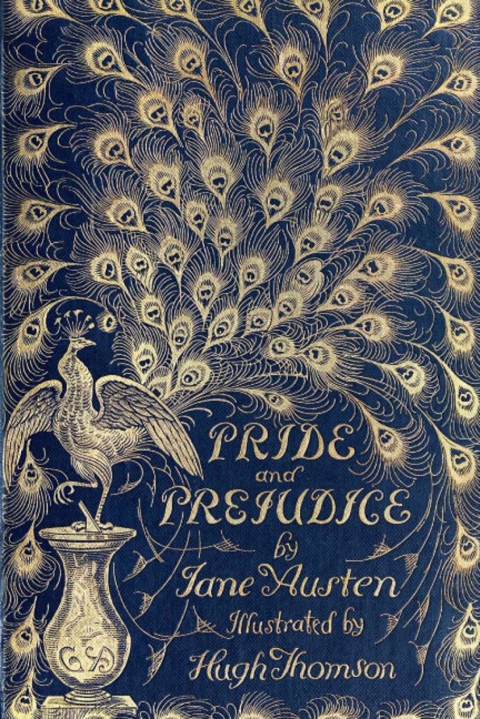 Pride and Prejudice by Jane Austen, book cover, beige peacock standing on vase on blue background.