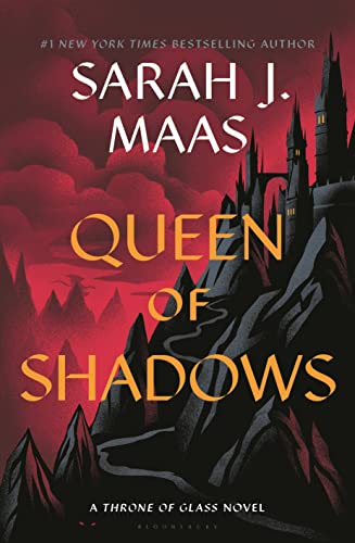 Queen of Shadows book cover with winding road leading to large castle with red sky