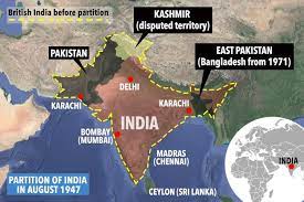 Map showing the Radcliffe Line separating India from West and East Pakistan and showing important cities