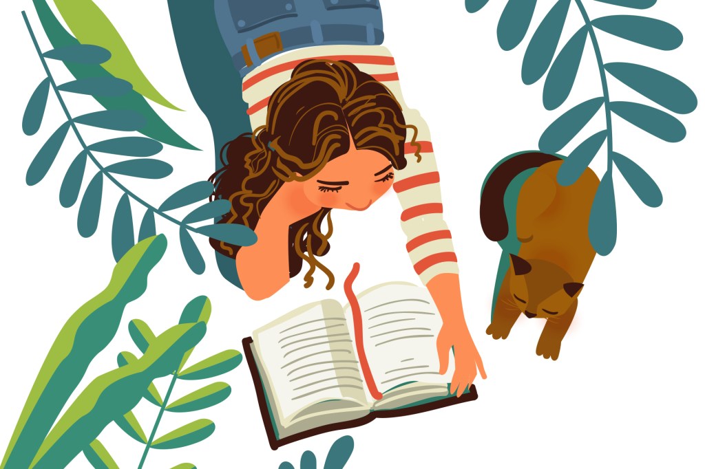 Time for Kids Illustration Girl Reading a Book with Cat 