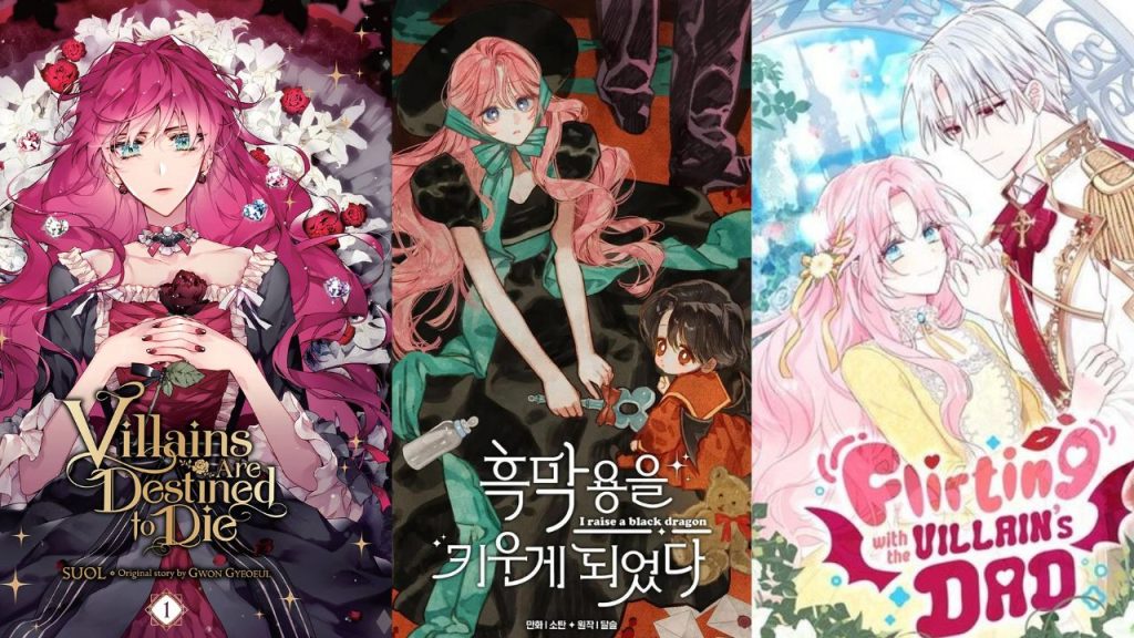 Pink haired woman in black dress surrounded by flowers cover next to woman with pink hair sitting with child next to image of pink haired woman with white haired man cover