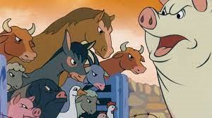 Scene from the 'Animal Farm' movie with the leader pig and other farm animals like a horse, donkey, pigs, sheep, etc.