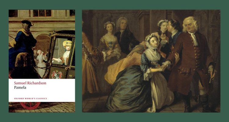 from left to right pamela a virtue rewarded by samuel richardson book cover painting of pamela asking for Sir Jacob Swinford's Blessing