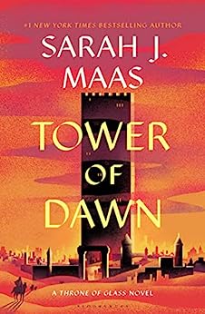 Tower of Dawn book cover large tower surrounded by small structures in a desert at dawn