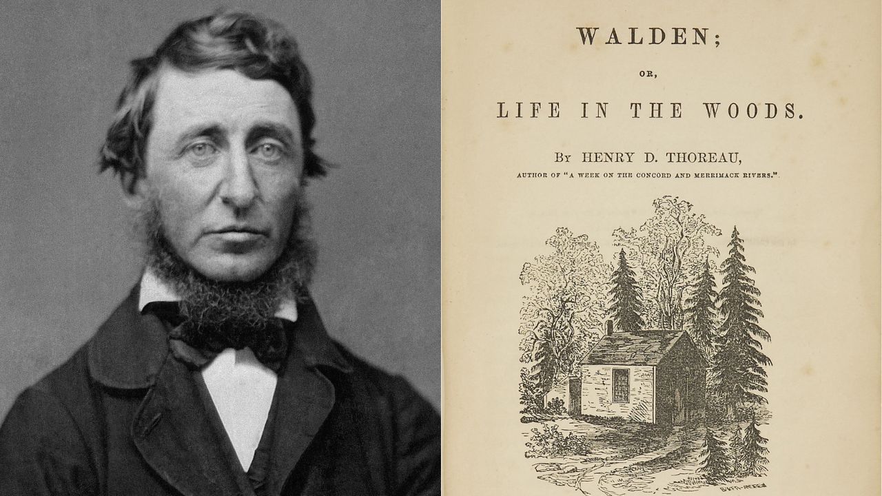 Henry David Thoreau in black and white next to the cover for Walden.